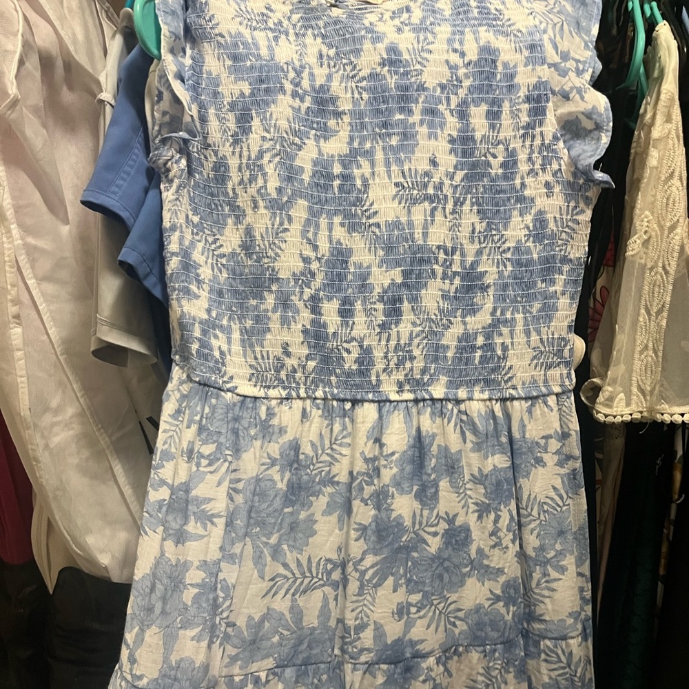 Elegant Blue and White Floral Dress
